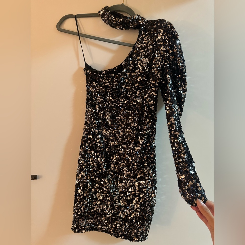 Silver sequin one shoulder mini dress